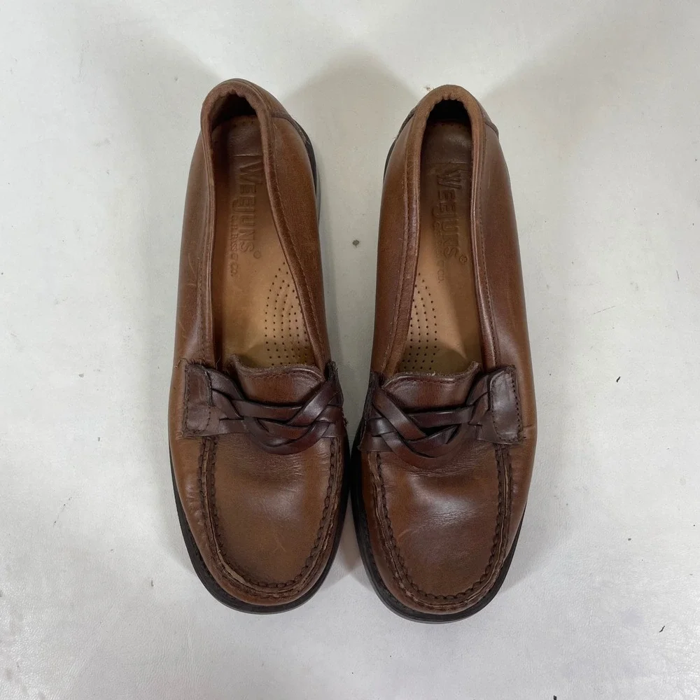 GH Bass Weejuns Mens 6 Brown Leather Braided Strap Moc Toe Loafers Shoes